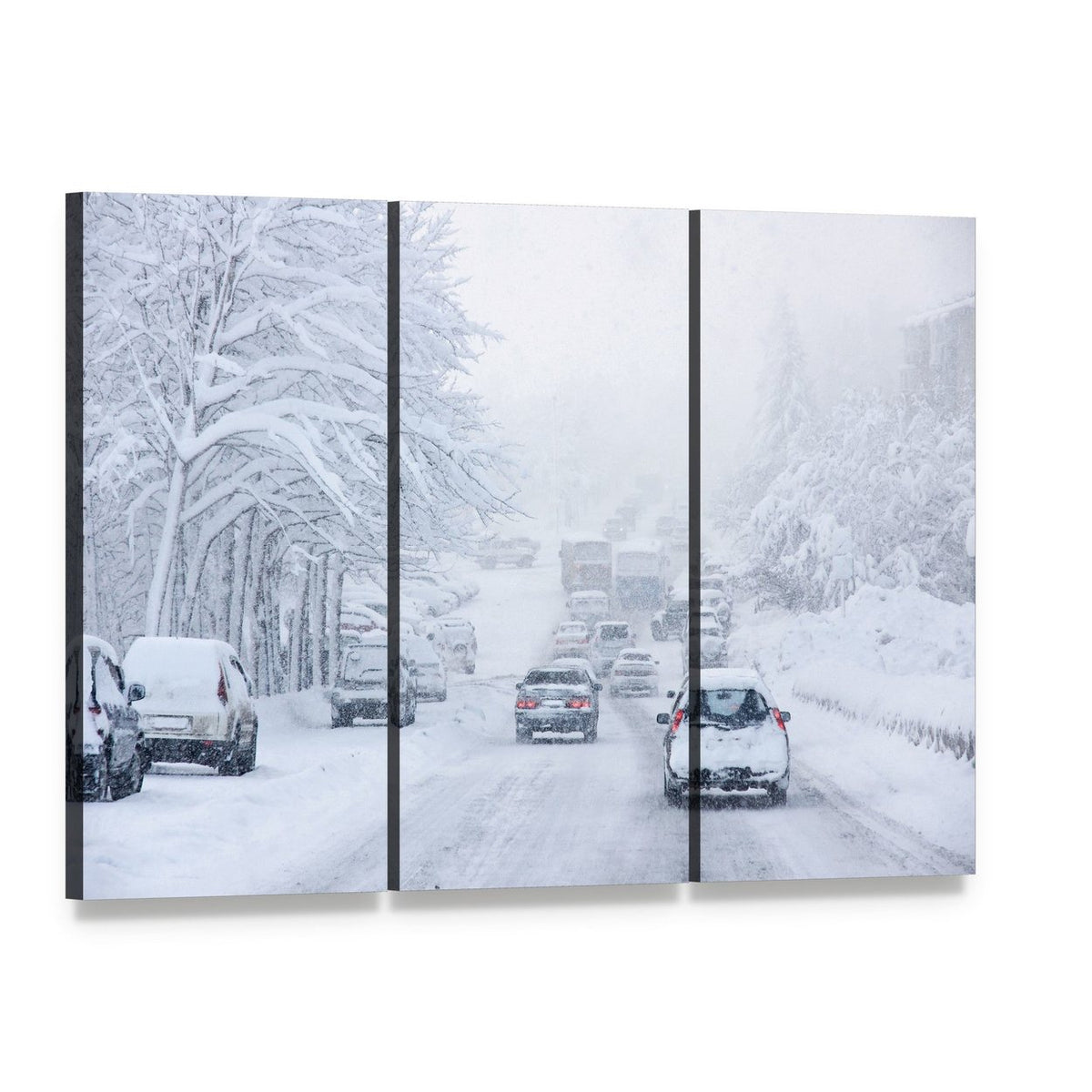 Snowy Road Traffic Jam Canvas Wall Art, 3 panel 3 Horizontal layout gallery wrapped canvas set, angled product view