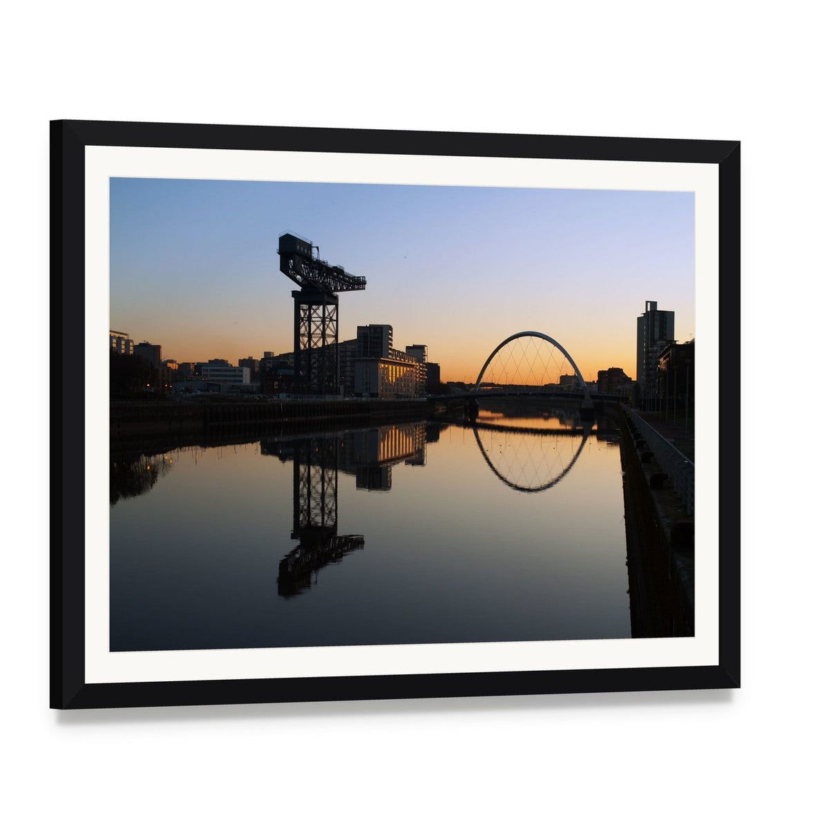 Finneston Crane and Clyde Arc Sunset Canvas Wall Art, framed print with white mat and black frame, angled product view