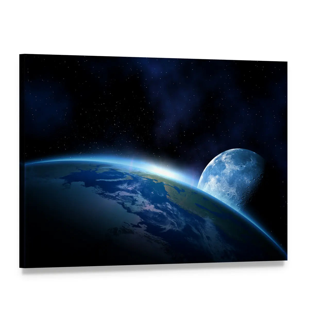 Earth and Moon at Sunrise Canvas Wall Art, single panel gallery wrapped canvas, angled product view