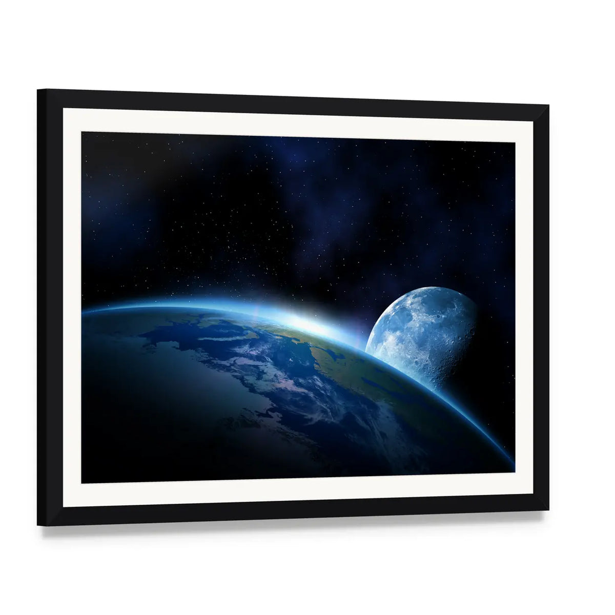 Earth and Moon at Sunrise Canvas Wall Art, framed print with white mat and black frame, angled product view