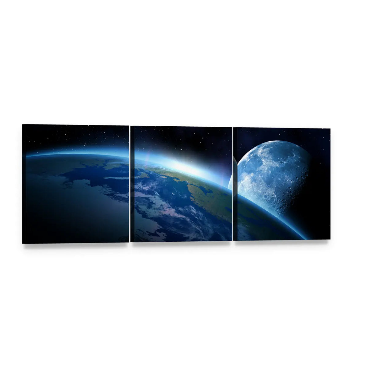 Earth and Moon at Sunrise Panoramic Canvas Wall Art, 3 panel 3 Piece layout gallery wrapped canvas set, angled product view