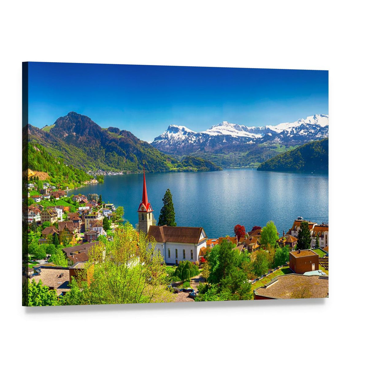 Wegis Village by Lake Lucerne and Pilatus Canvas Wall Art, single panel gallery wrapped canvas, angled product view