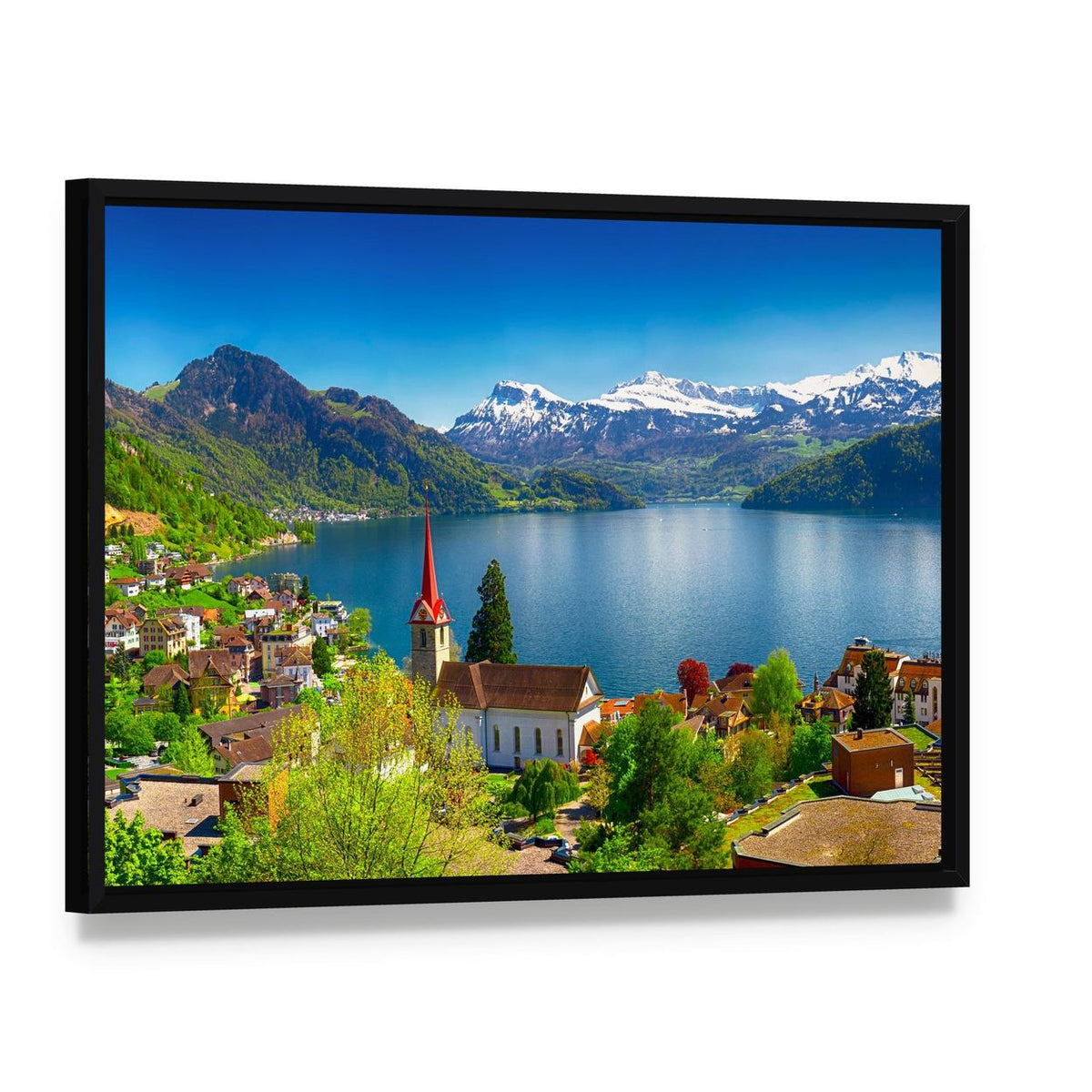 Wegis Village by Lake Lucerne and Pilatus Canvas Wall Art, framed canvas in a black floater frame, angled product view