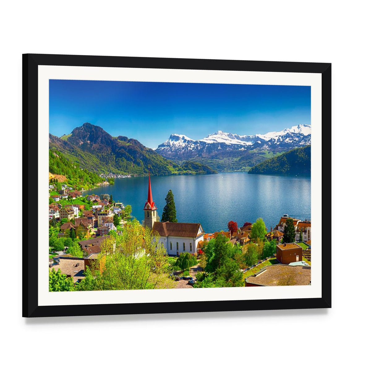 Wegis Village by Lake Lucerne and Pilatus Canvas Wall Art, framed print with white mat and black frame, angled product view