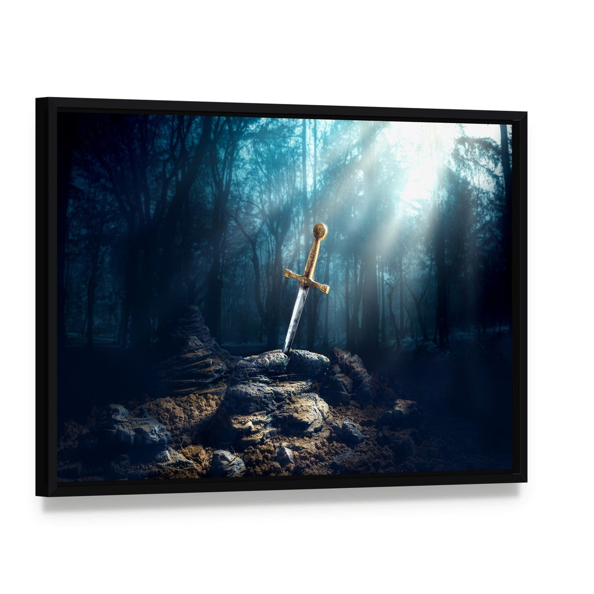 Excalibur Sword in Stone Canvas Wall Art, framed canvas in a black floater frame, angled product view