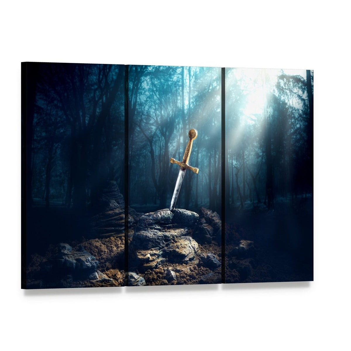 Excalibur Sword in Stone Canvas Wall Art, 3 panel 3 Horizontal layout gallery wrapped canvas set, angled product view