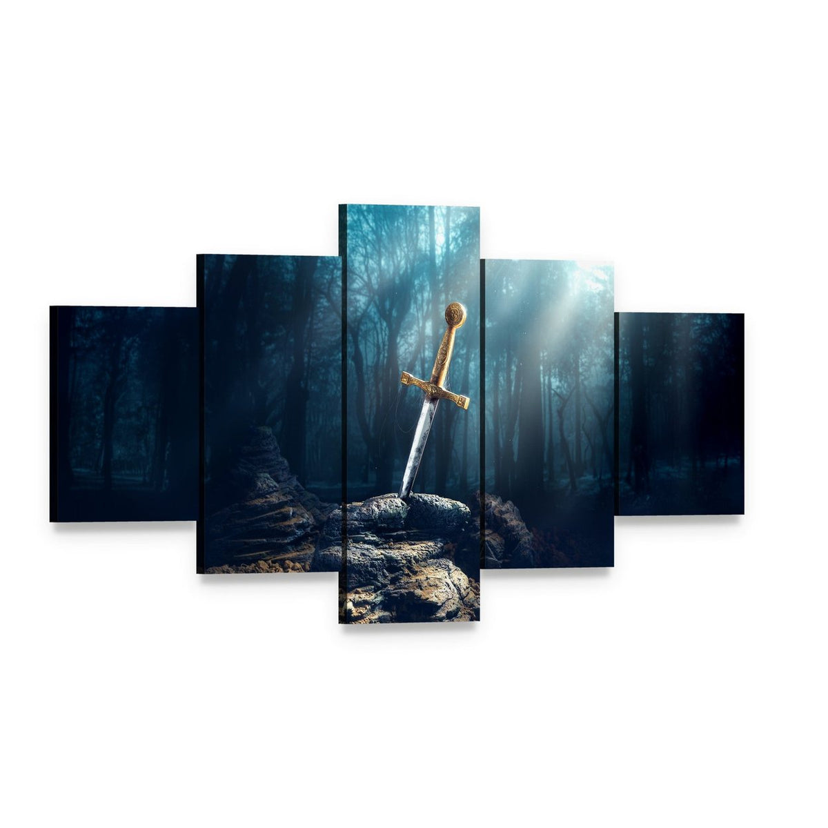 Excalibur Sword in Stone Canvas Wall Art, 5 panel 5 Star layout gallery wrapped canvas set, angled product view