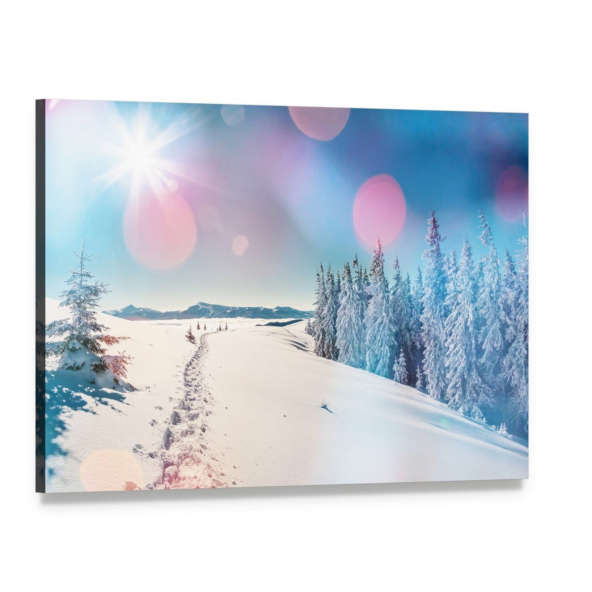 Snowy Path Glowing in Winter Light Canvas Wall Art, single panel gallery wrapped canvas, angled product view