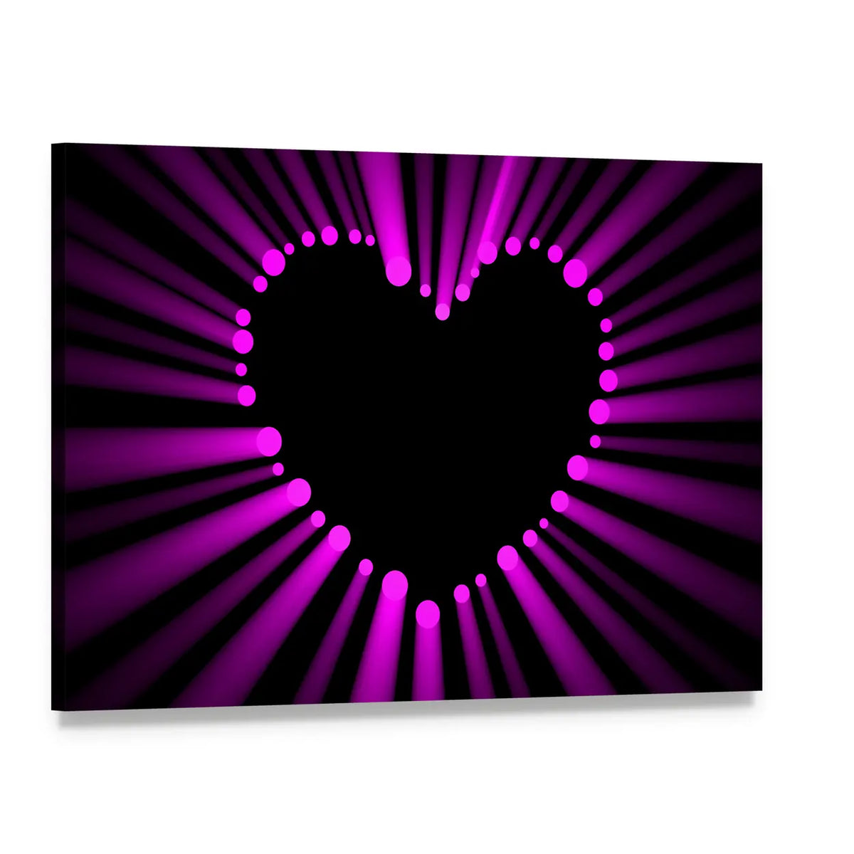 Magenta Heart with Radial Light Rays Canvas Wall Art, single panel gallery wrapped canvas, angled product view