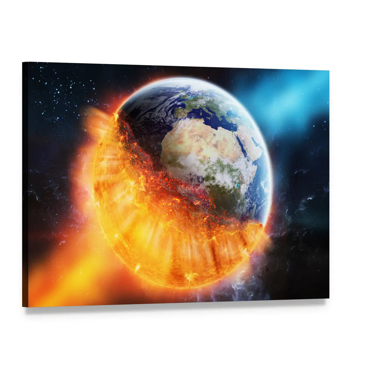 Earth Burning in Space Canvas Wall Art, single panel gallery wrapped canvas, angled product view