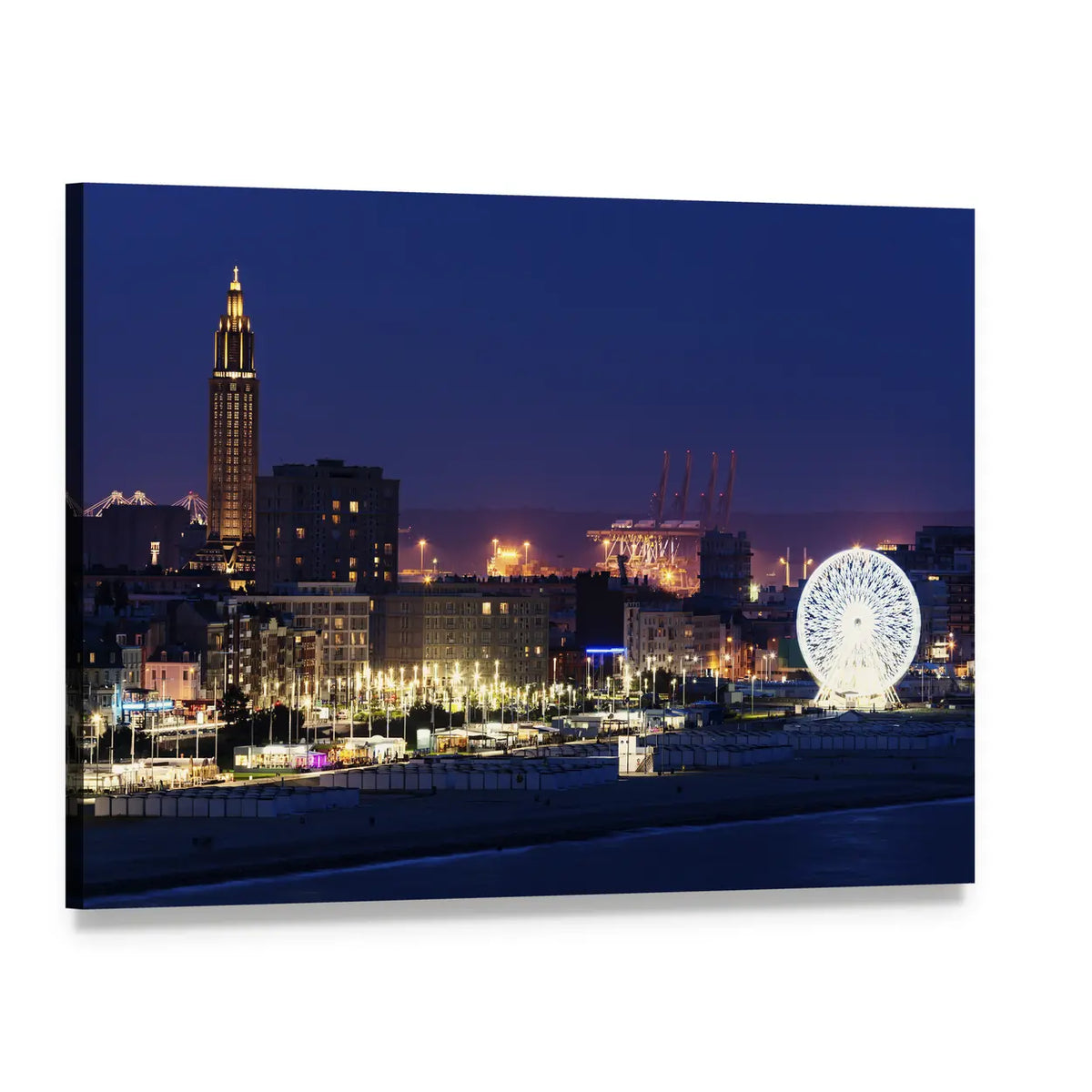 Night City Skyline with Ferris Wheel Canvas Wall Art, single panel gallery wrapped canvas, angled product view