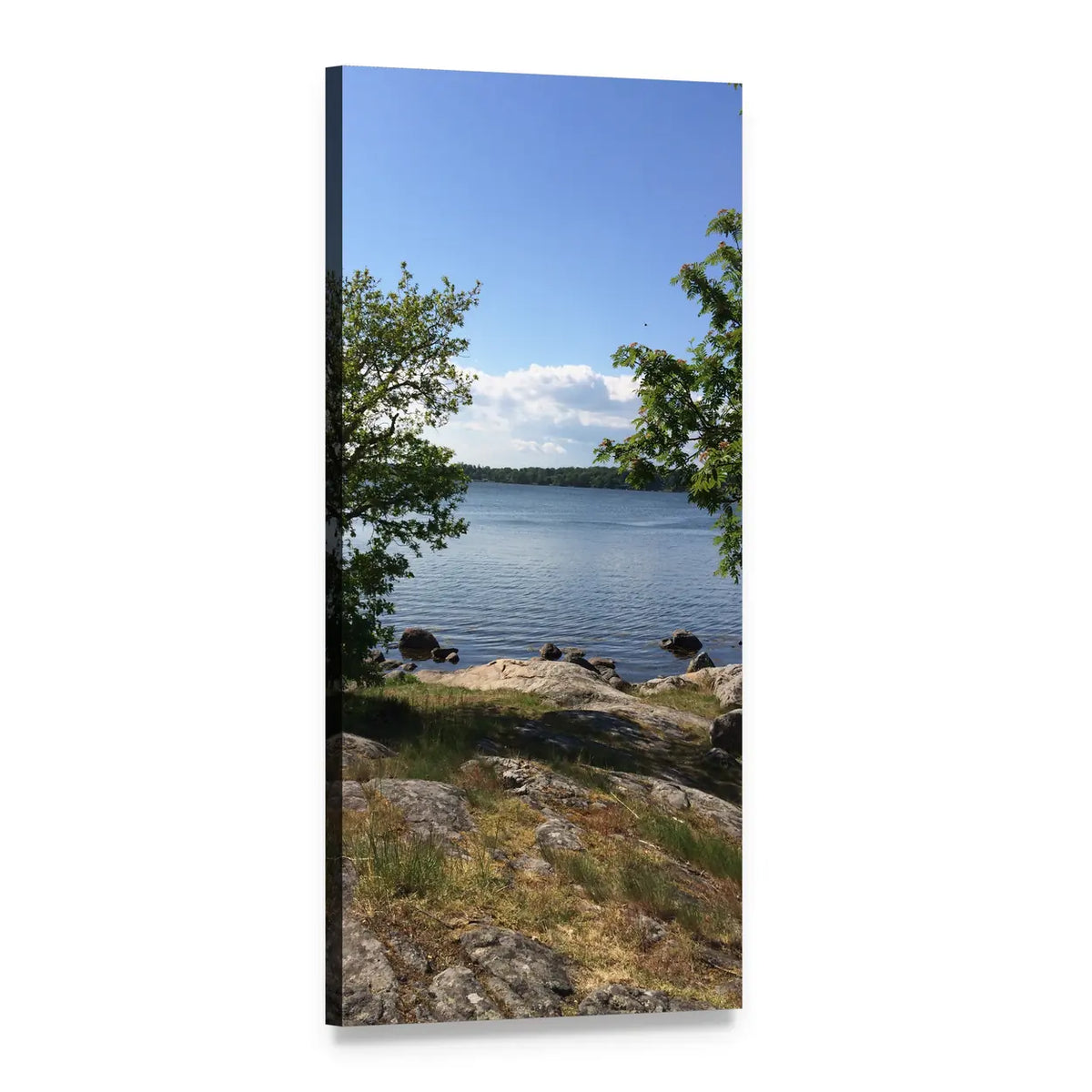 Blue Summer Lake Sweden Vertical Canvas Wall Art, 1 panel 1 Vertical layout gallery wrapped canvas set, angled product view