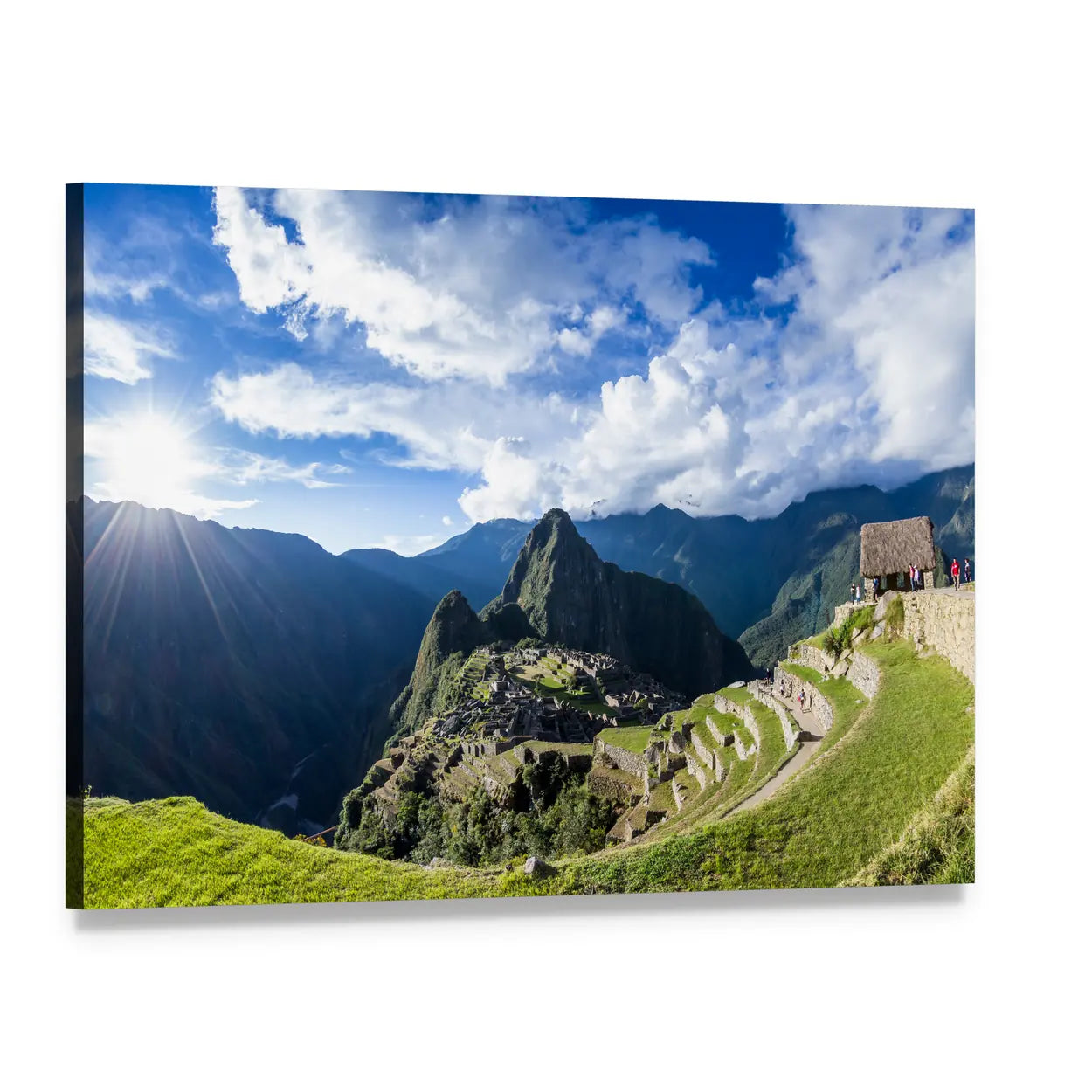 Sunlit Machu Picchu Terraces Canvas Wall Art, single panel gallery wrapped canvas, angled product view
