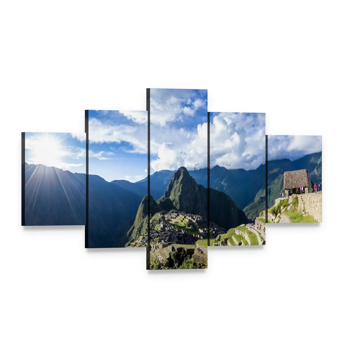 Sunlit Machu Picchu Terraces Canvas Wall Art, 5 panel 5 Star layout gallery wrapped canvas set, angled product view
