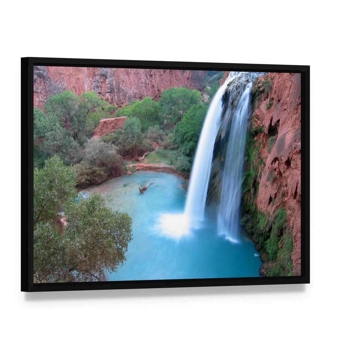 Havasu Falls Turquoise Pool and Red Rocks Canvas Wall Art, framed canvas in a black floater frame, angled product view