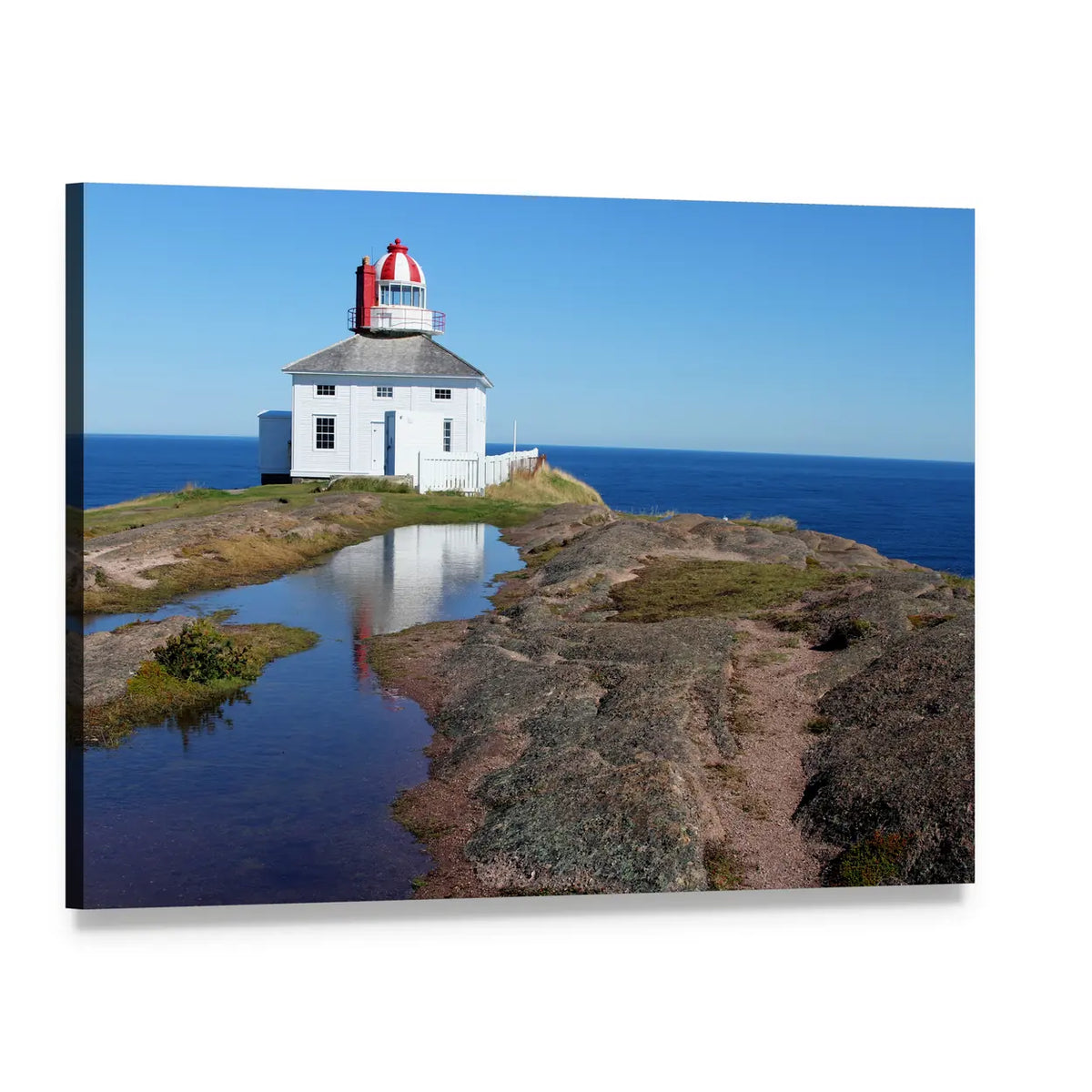 Cape Spear Lighthouse with Shoreline Reflection Canvas Wall Art, single panel gallery wrapped canvas, angled product view