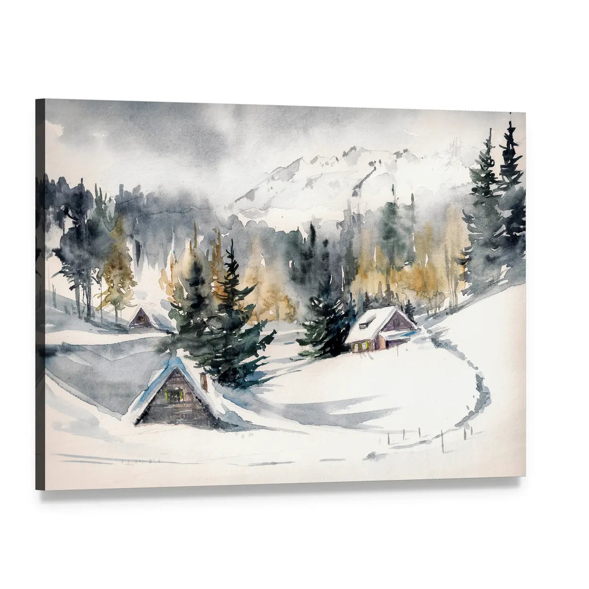 Snowy Mountain Village Canvas Wall Art, single panel gallery wrapped canvas, angled product view