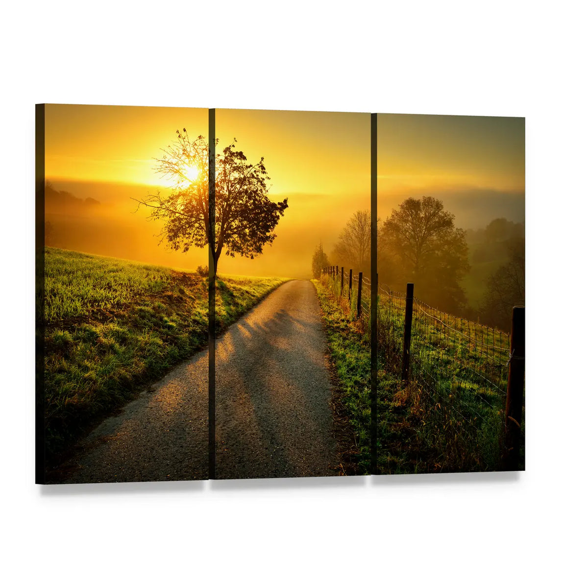 Sunlit Country Road on a Hill Canvas Wall Art, 3 panel 3 Horizontal layout gallery wrapped canvas set, angled product view