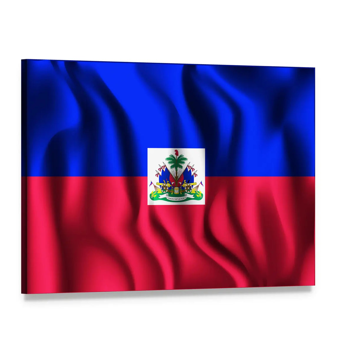Haitian Flag with Coat of Arms Canvas Wall Art, single panel gallery wrapped canvas, angled product view