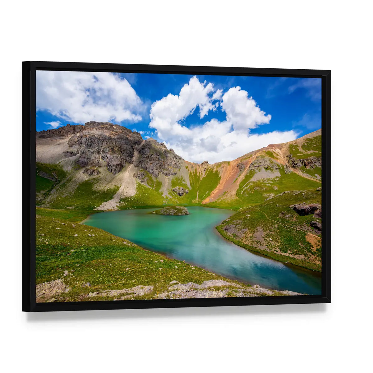 Turquoise Mountain Lake in Alpine Scenery Canvas Wall Art, framed canvas in a black floater frame, angled product view