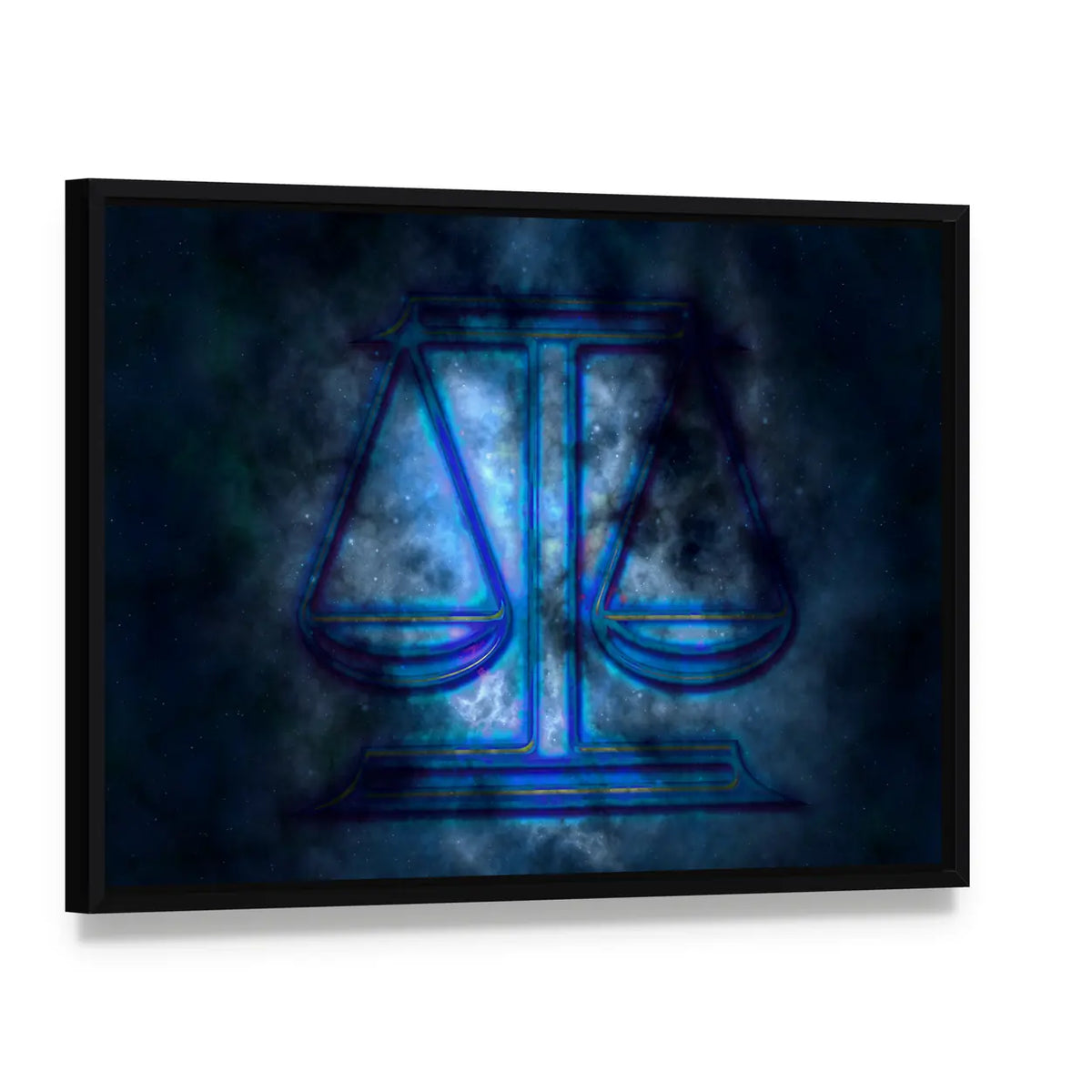 Libra Scales in Cosmic Nebula Canvas Wall Art, framed canvas in a black floater frame, angled product view