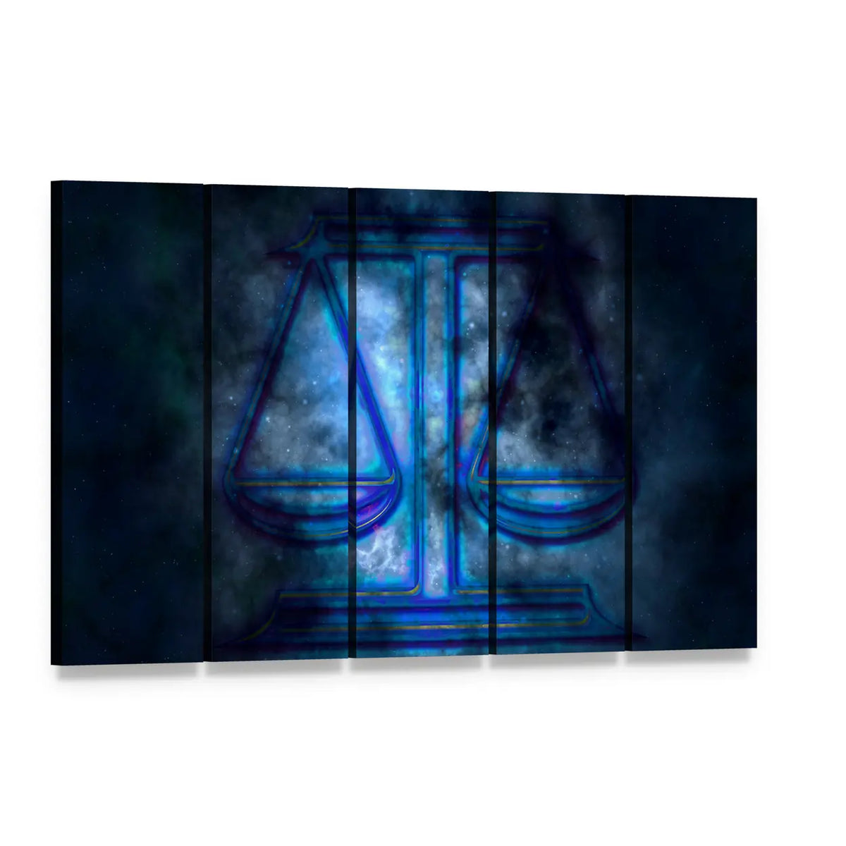 Libra Scales in Cosmic Nebula Canvas Wall Art, 5 panel 5 Horizontal layout gallery wrapped canvas set, angled product view