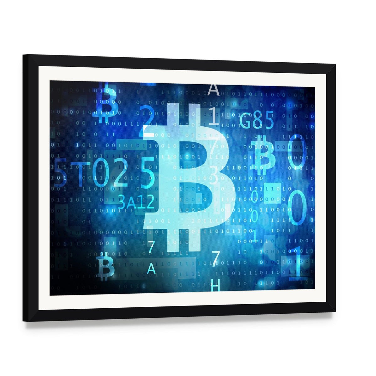 Bitcoin Symbol on Blue Digital Grid Canvas Wall Art, framed print with white mat and black frame, angled product view