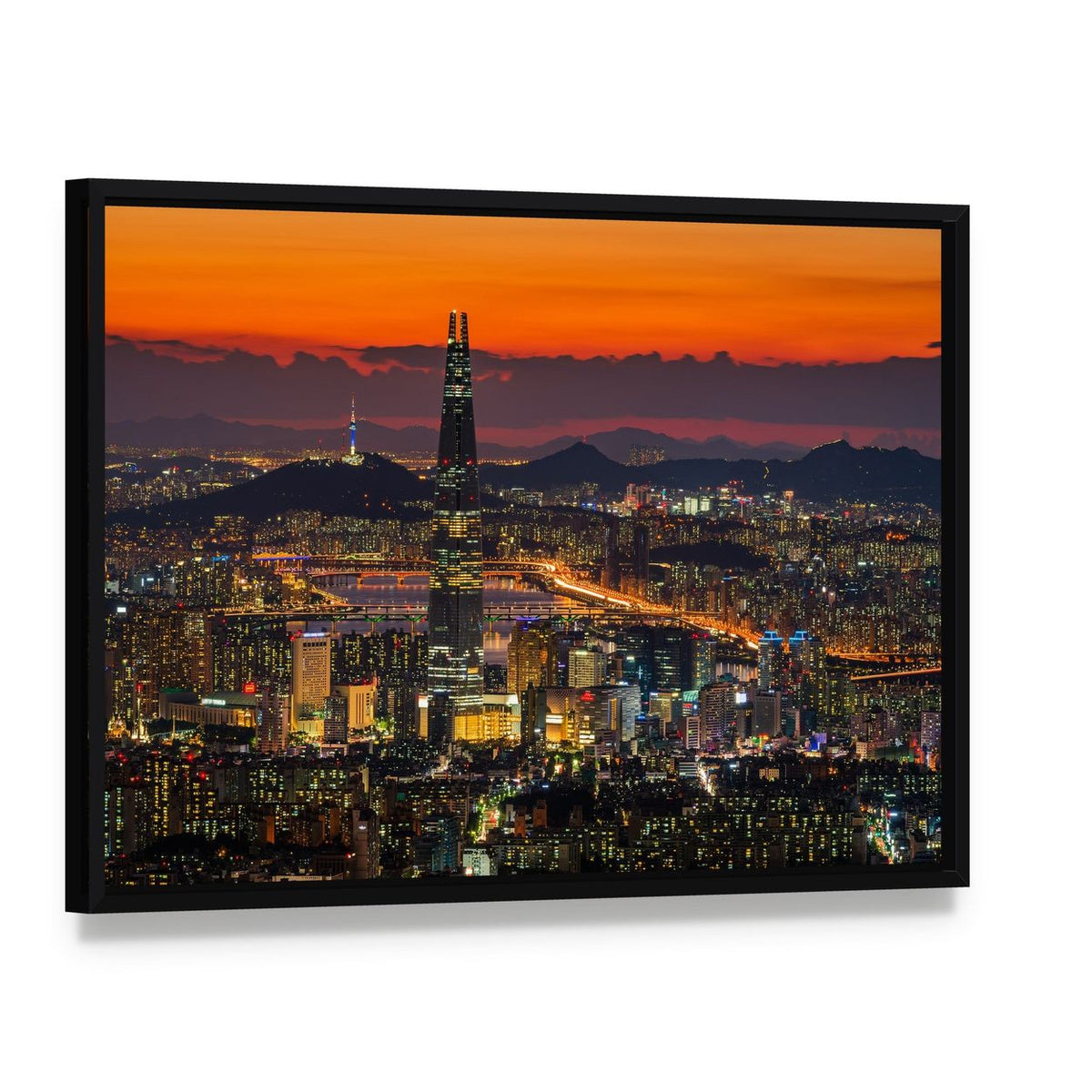 Seoul Skyline at Dusk Canvas Wall Art, framed canvas in a black floater frame, angled product view