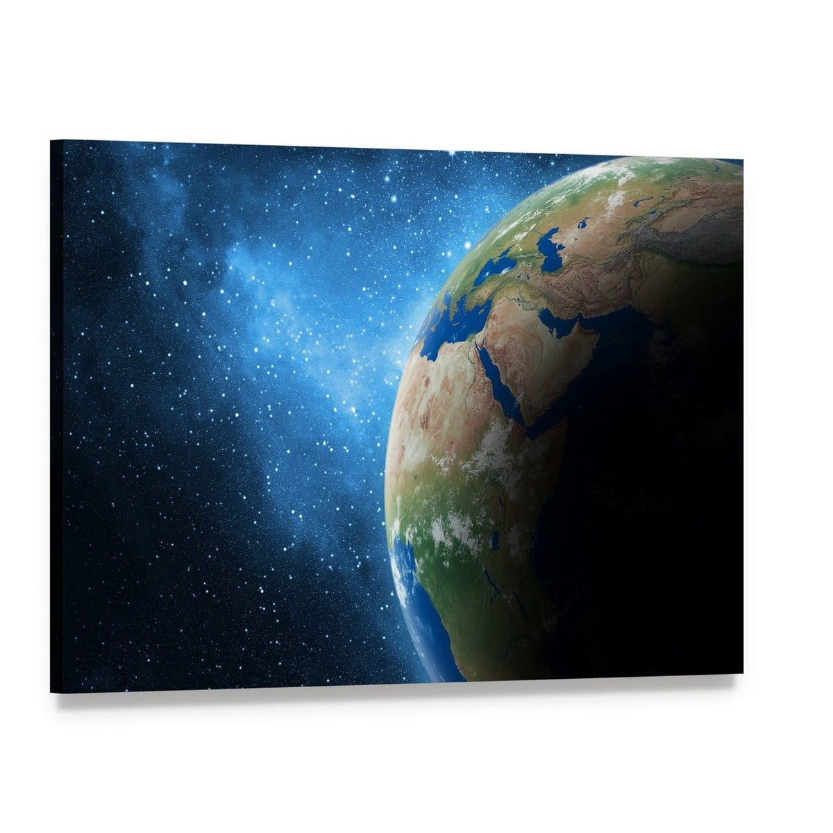 Earth and Galaxy Canvas Wall Art, single panel gallery wrapped canvas, angled product view