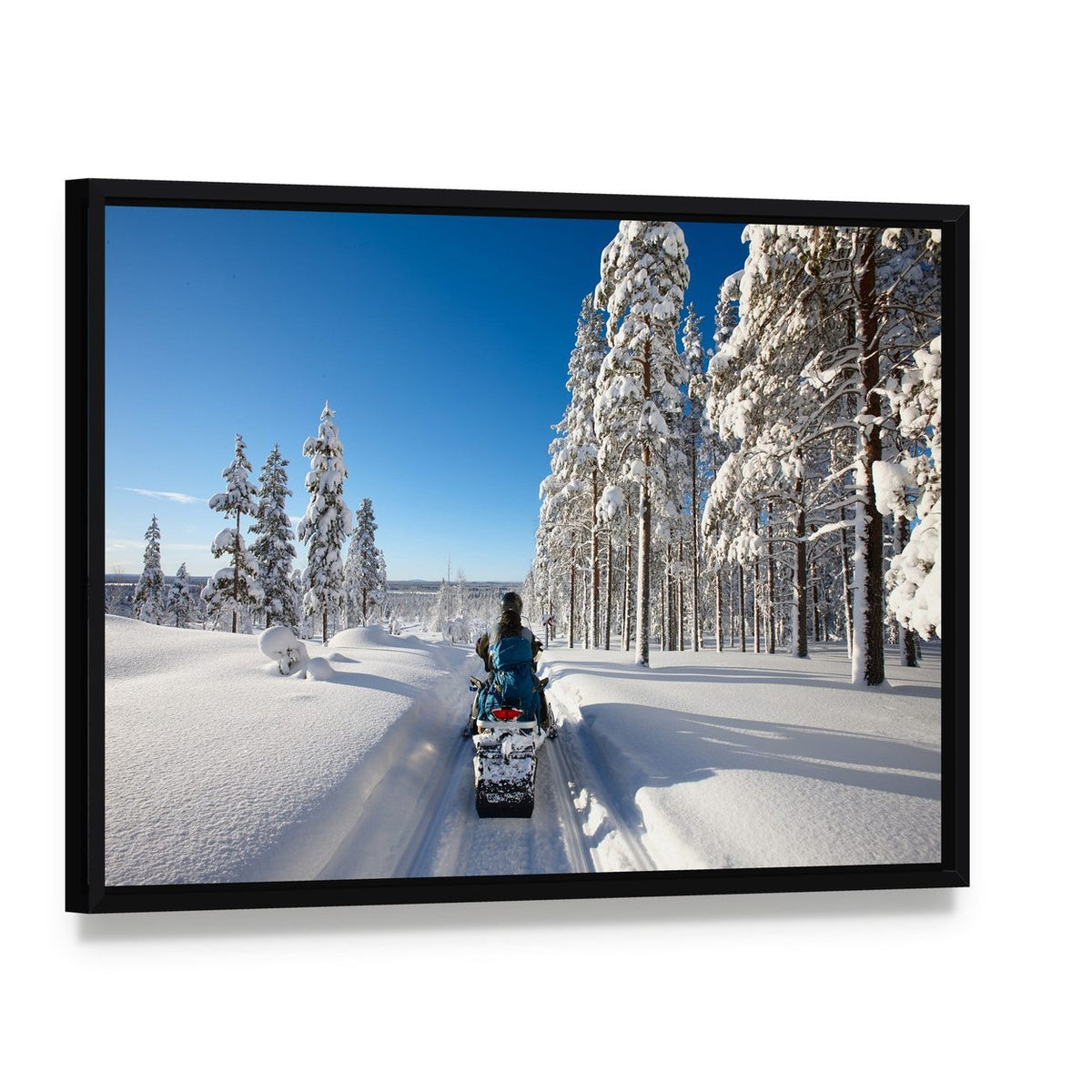 Snowmobile Adventure in Finnish Lapland Canvas Wall Art, framed canvas in a black floater frame, angled product view