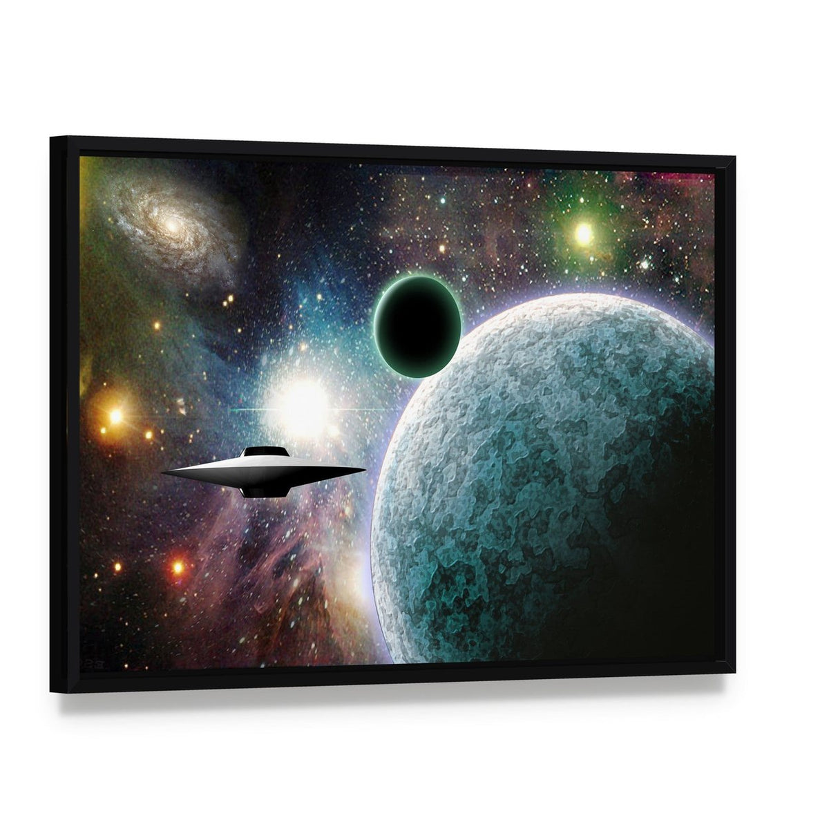 Aliens Ufo in Deep Space Canvas Wall Art, framed canvas in a black floater frame, angled product view