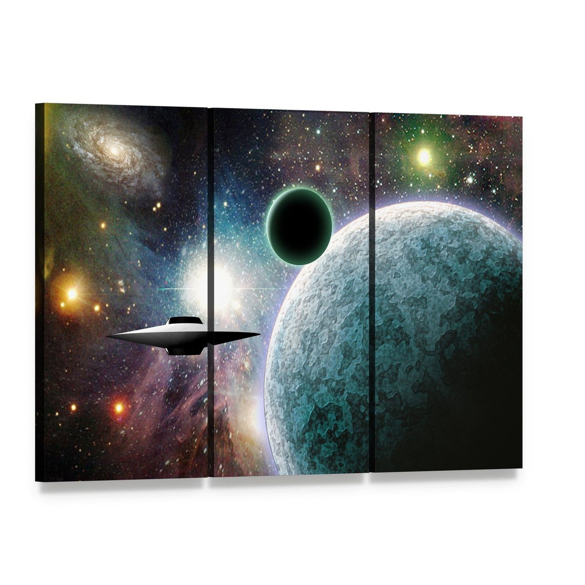Aliens Ufo in Deep Space Canvas Wall Art, 3 panel 3 Horizontal layout gallery wrapped canvas set, angled product view