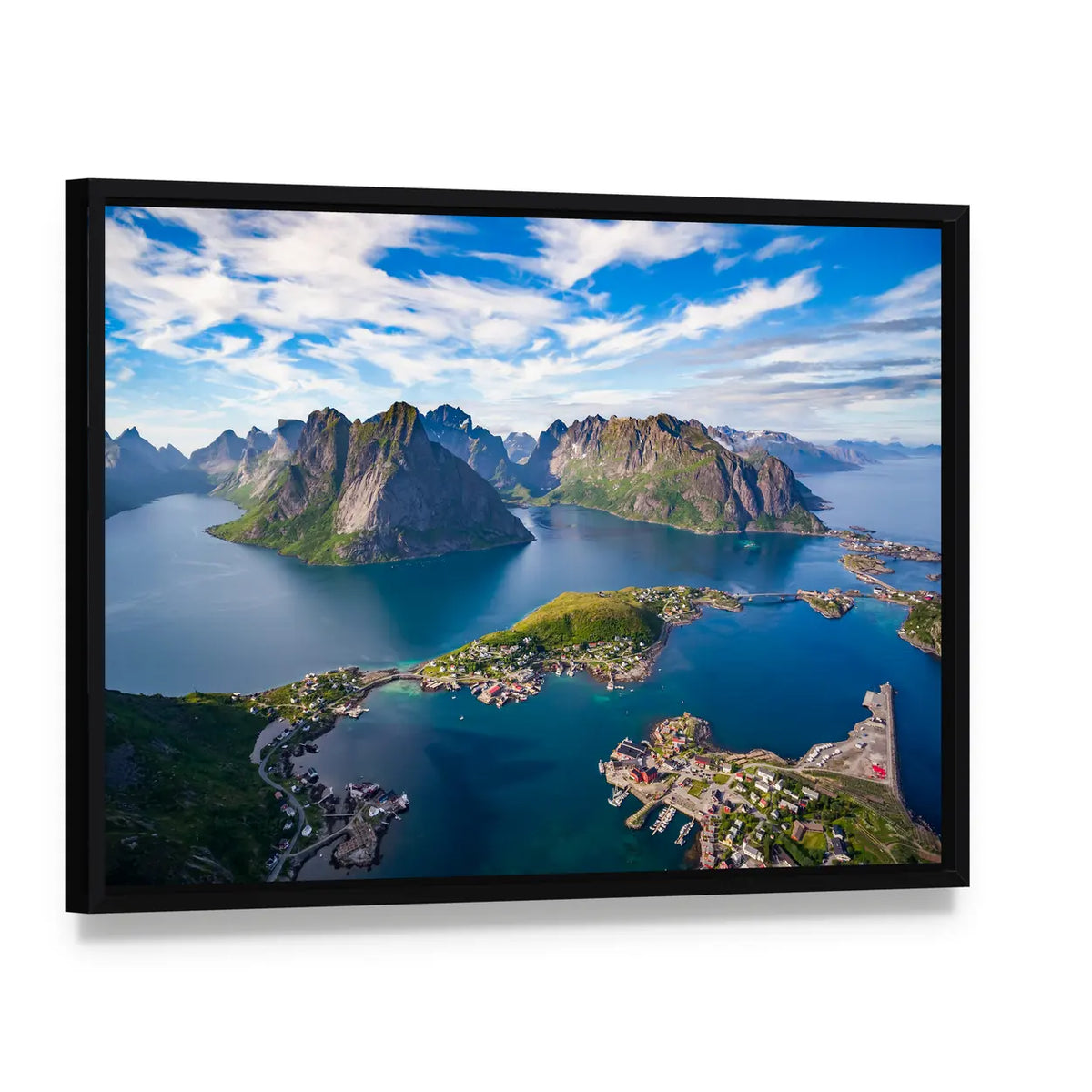 Aerial View of Lofoten Islands, Norway Canvas Wall Art, framed canvas in a black floater frame, angled product view