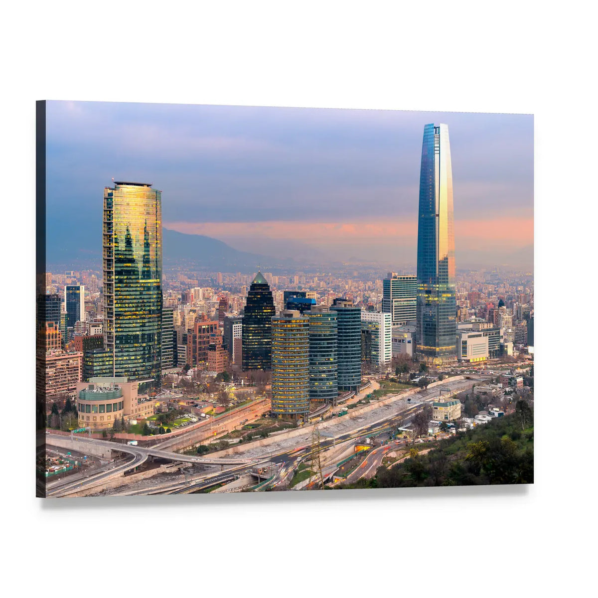 Santiago De Chile Skyline at Golden Hour Canvas Wall Art, single panel gallery wrapped canvas, angled product view