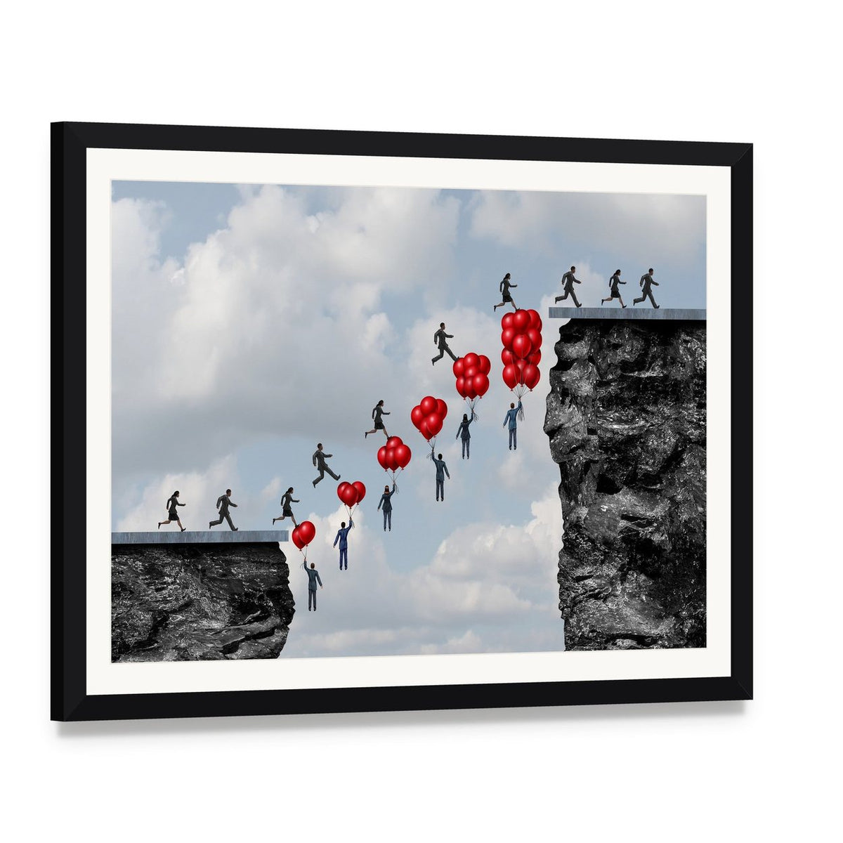 Business Team Silhouettes with Heart Balloons Canvas Wall Art, framed print with white mat and black frame, angled product view