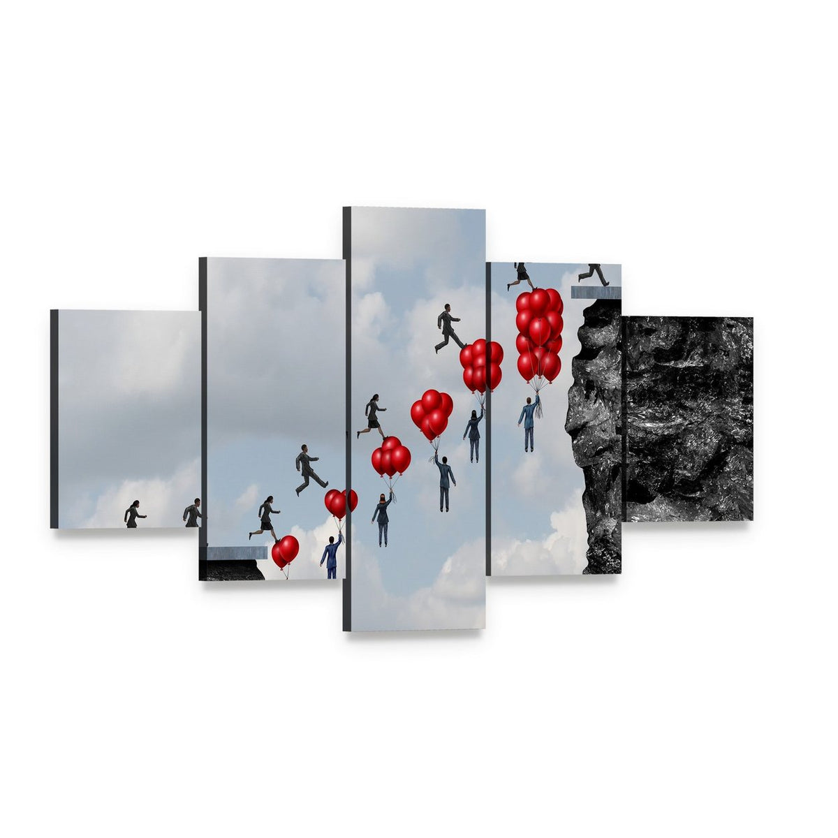 Business Team Silhouettes with Heart Balloons Canvas Wall Art, 5 panel 5 Star layout gallery wrapped canvas set, angled product view