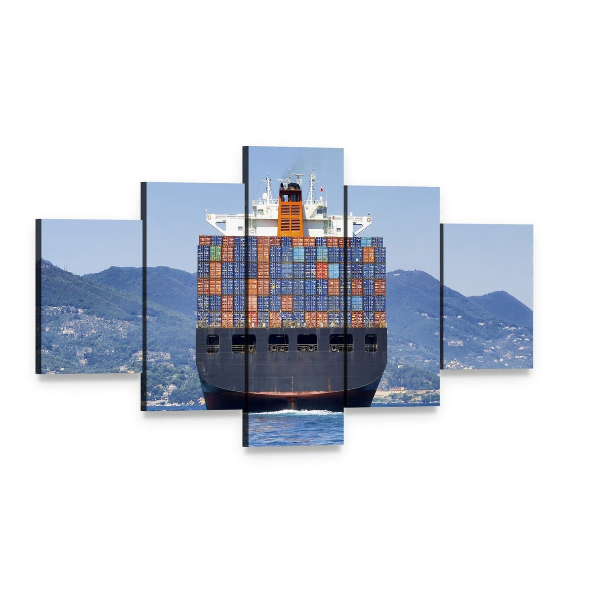 Cargo Container Ship at Sea Canvas Wall Art, 5 panel 5 Star layout gallery wrapped canvas set, angled product view