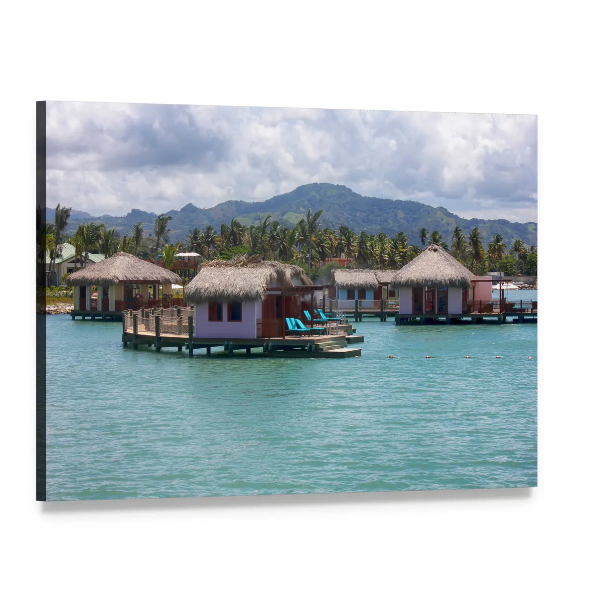 Amber Light Overwater Bungalows Canvas Wall Art, single panel gallery wrapped canvas, angled product view