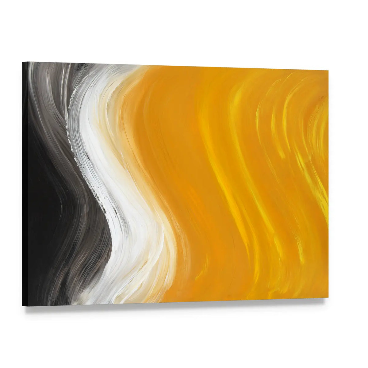 Oil Painted Curves in Black, White and Yellow Canvas Wall Art, single panel gallery wrapped canvas, angled product view