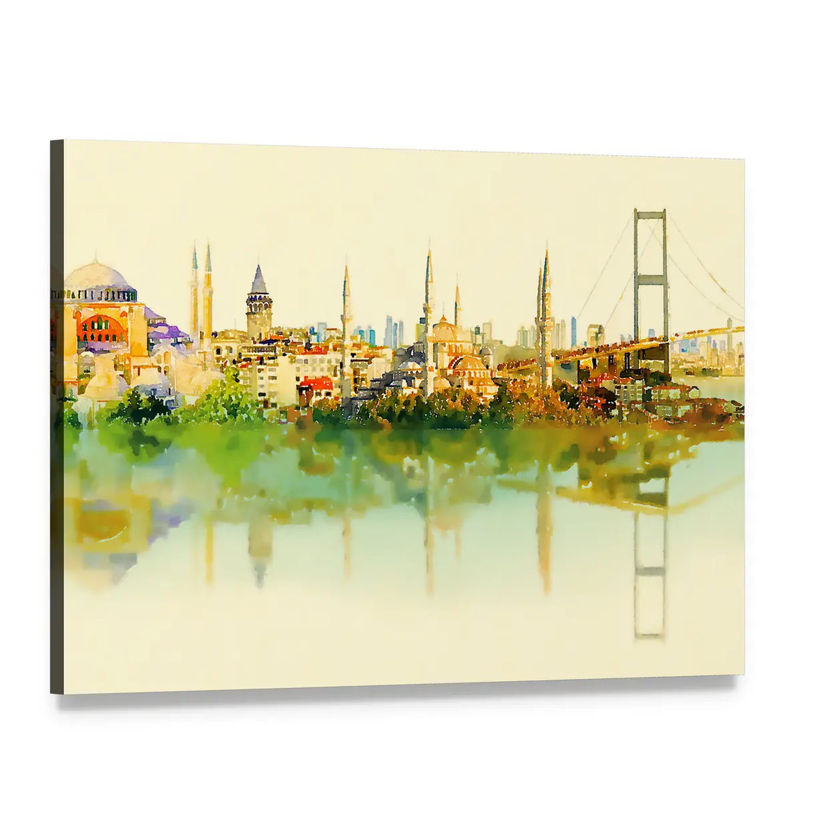 Istanbul Watercolor Skyline with Hagia Sophia Reflection Canvas Wall Art, single panel gallery wrapped canvas, angled product view
