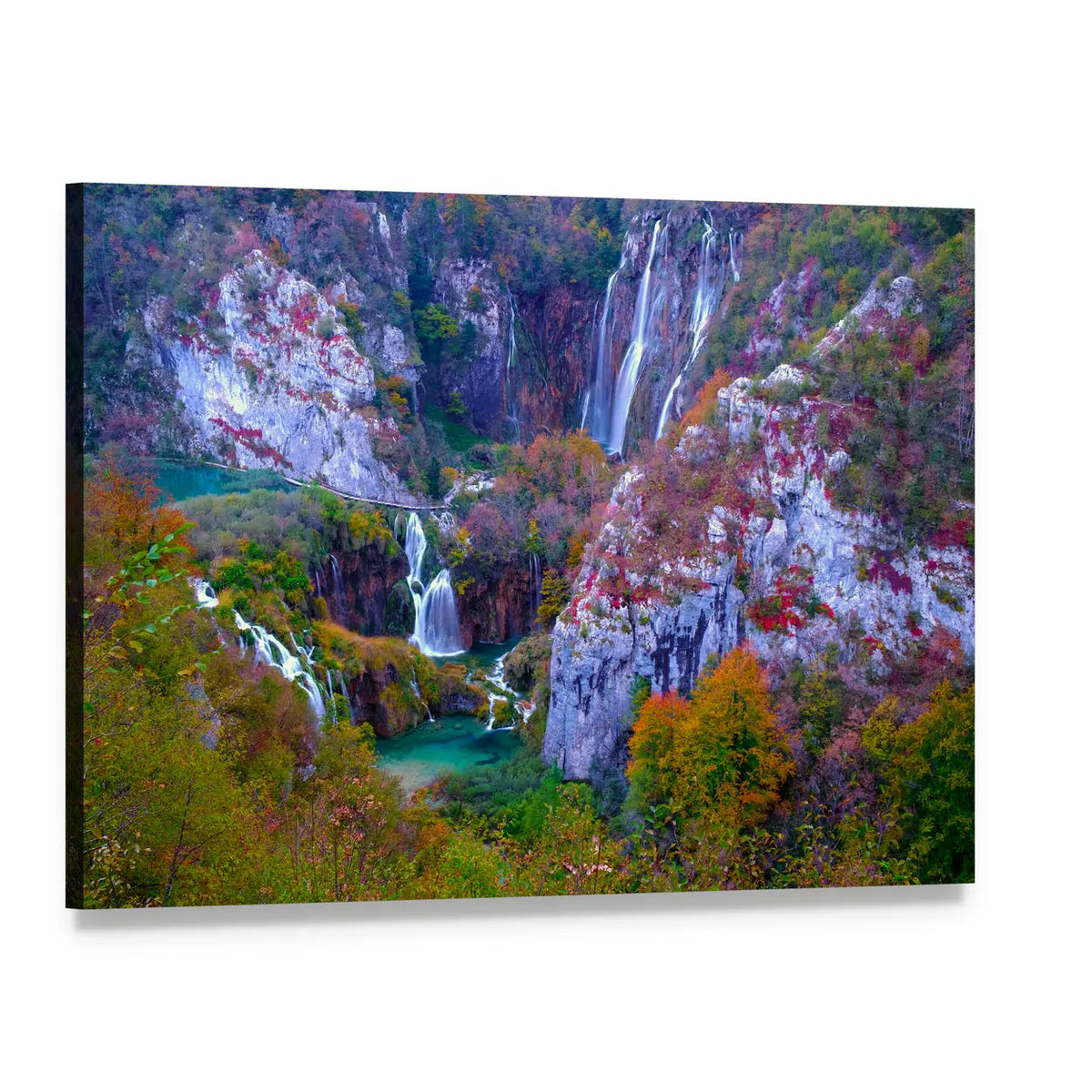 Plitvice National Park Waterfalls Canvas Wall Art, single panel gallery wrapped canvas, angled product view
