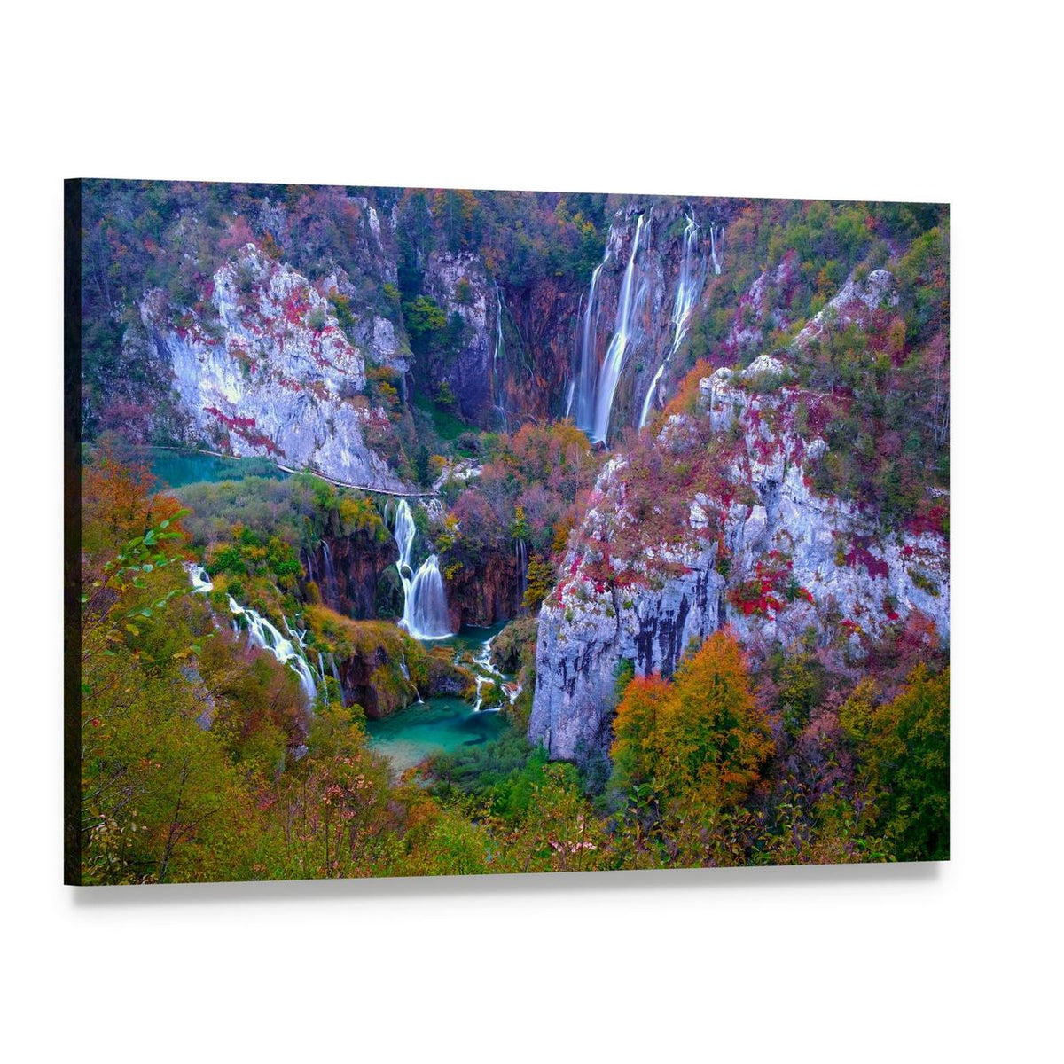 Cascading Waterfalls in Autumn Forest Canvas Wall Art, single panel gallery wrapped canvas, angled product view