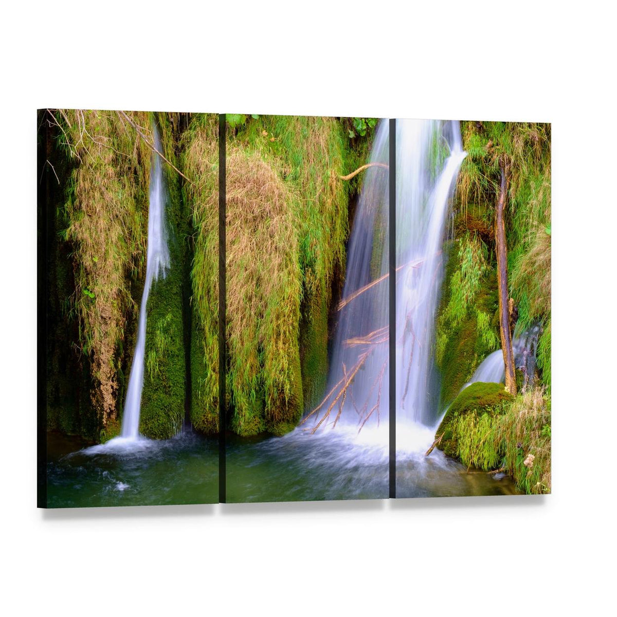 Waterfall in Plitvice National Park Canvas Wall Art, 3 panel 3 Horizontal layout gallery wrapped canvas set, angled product view