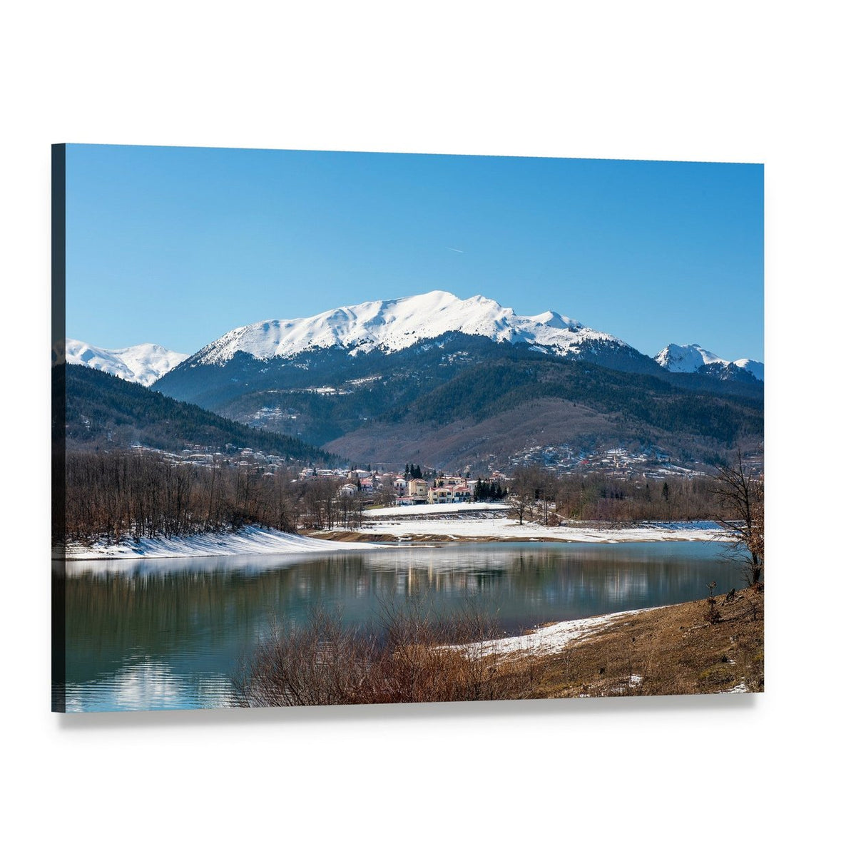 Winter at Lake Plastira Canvas Wall Art, single panel gallery wrapped canvas, angled product view