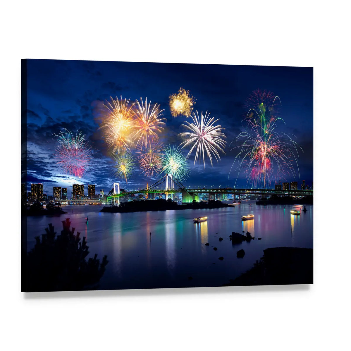 Fireworks Over Tokyo Bay Canvas Wall Art, single panel gallery wrapped canvas, angled product view