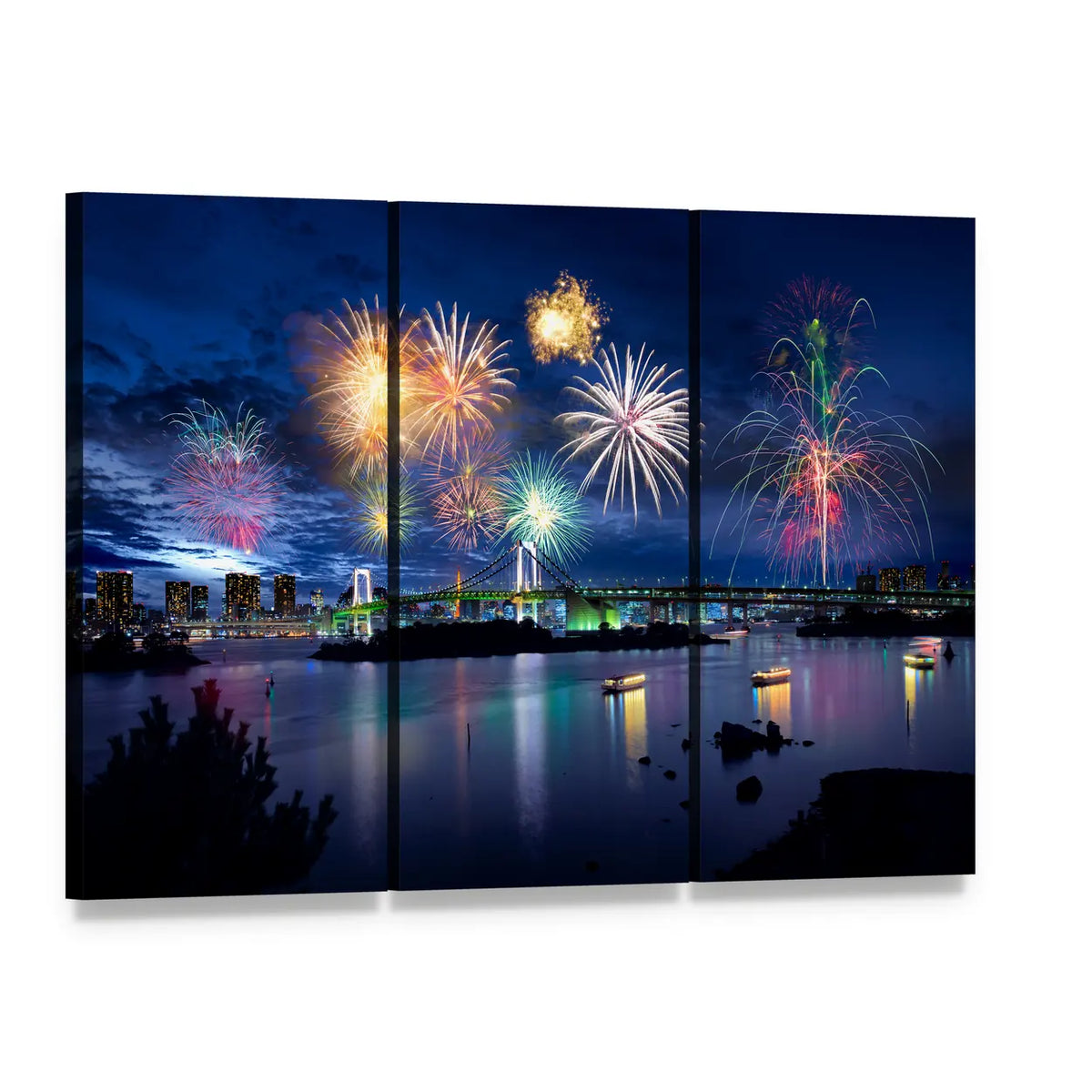 Fireworks Over Tokyo Bay Canvas Wall Art, 3 panel 3 Horizontal layout gallery wrapped canvas set, angled product view