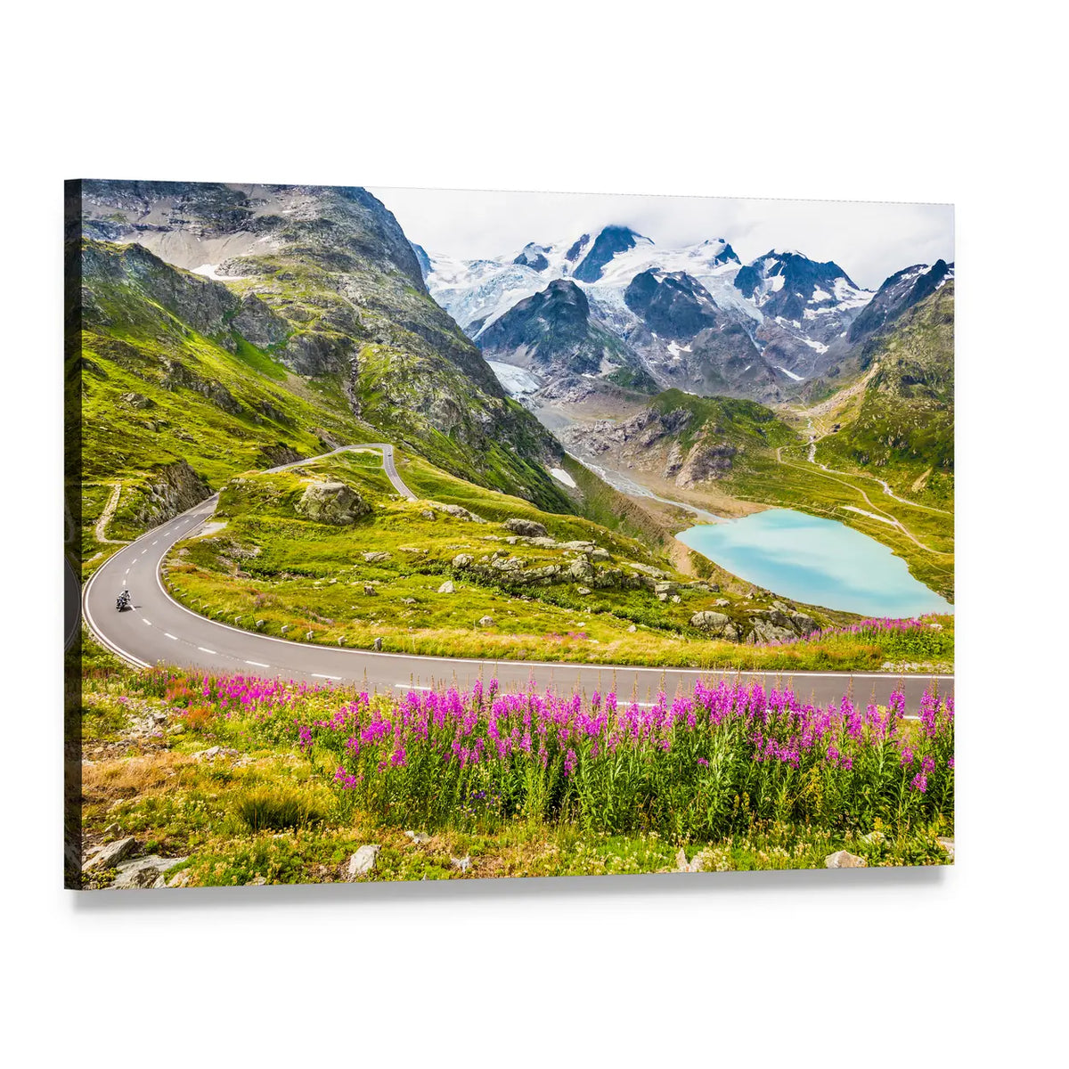 Winding Mountain Road with Alpine Lake Canvas Wall Art, single panel gallery wrapped canvas, angled product view