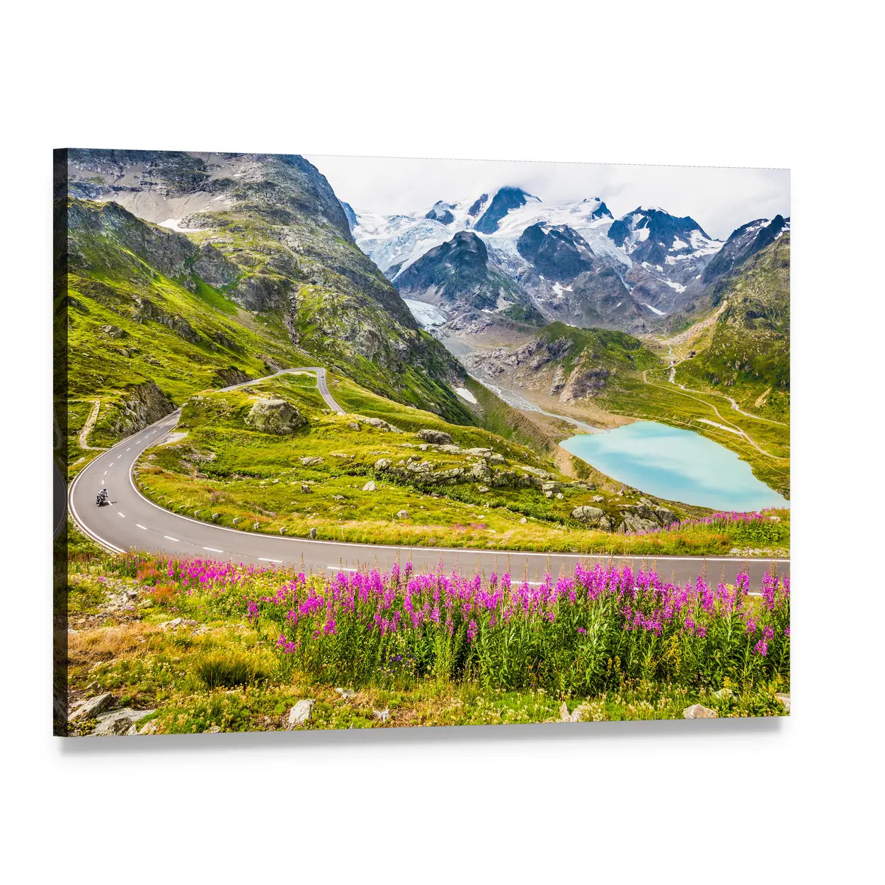 Winding Mountain Road with Alpine Lake Canvas Wall Art, single panel gallery wrapped canvas, angled product view