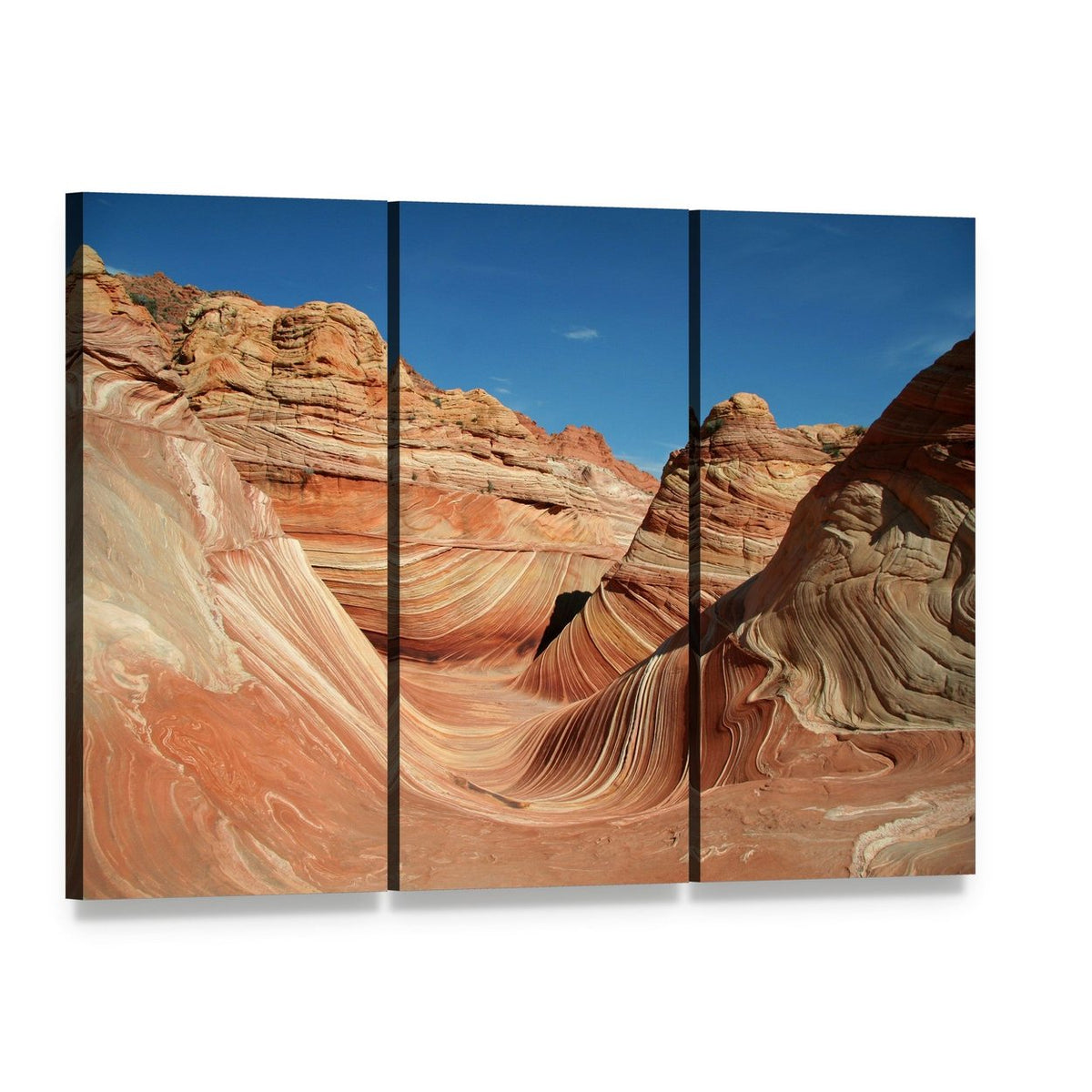 Vermilion Cliffs Swirling Sandstone Canyon Canvas Wall Art, 3 panel 3 Horizontal layout gallery wrapped canvas set, angled product view