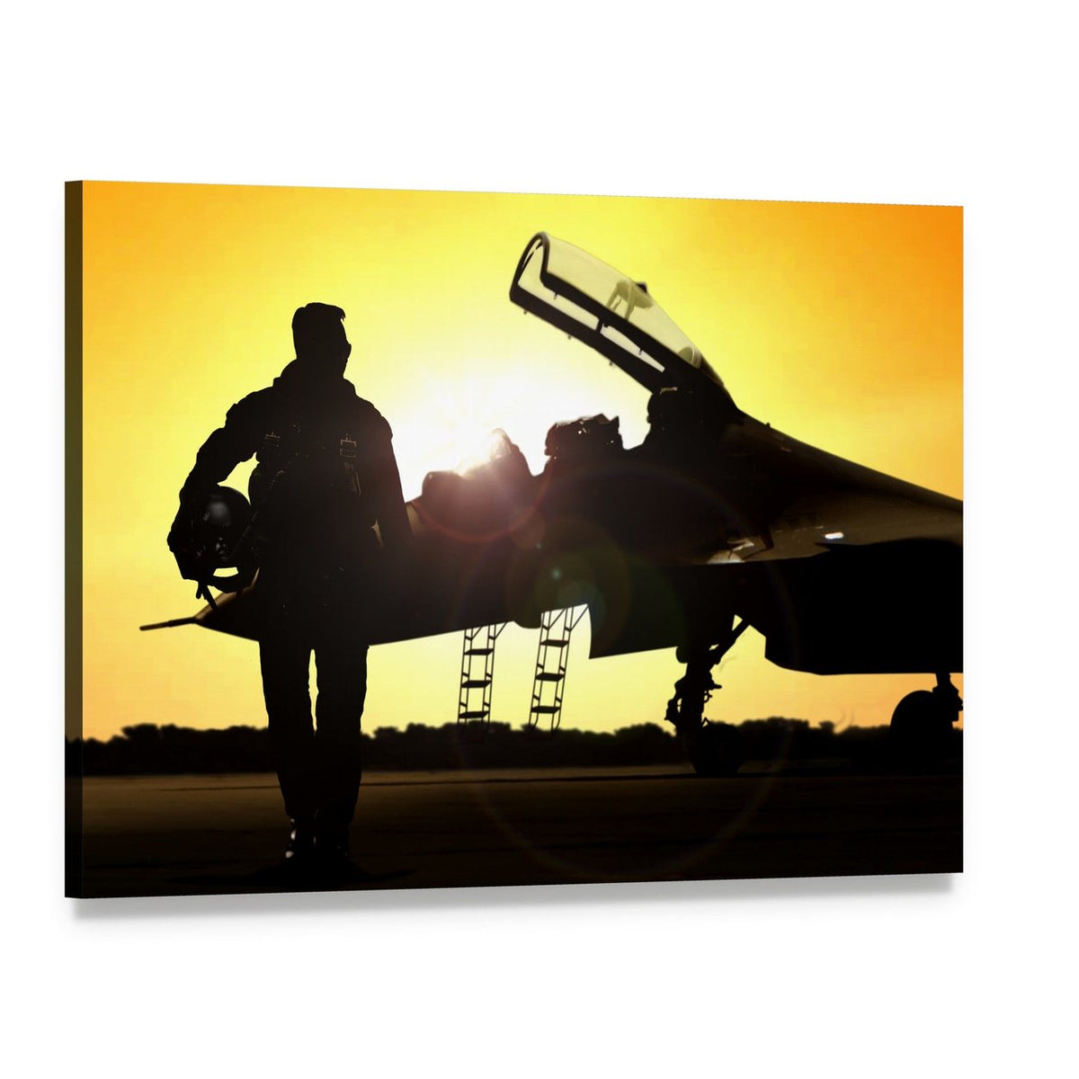 Military Pilot on Airfield Canvas Wall Art, single panel gallery wrapped canvas, angled product view
